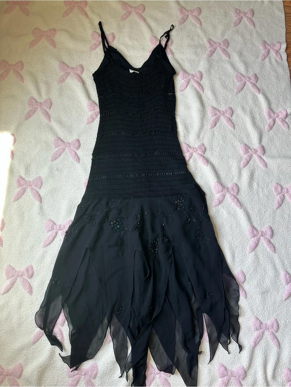 Black Spaghetti Strap Evening Dress with Beaded Skirt